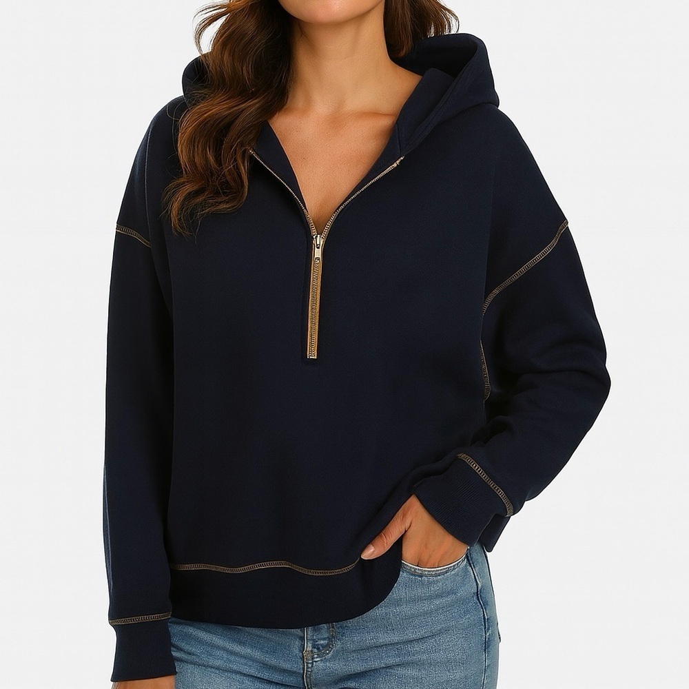 3/4 Zip Hoodie Gold Zip & Stitching Accent Drop Shoulder Thick Plush Dark Blue L